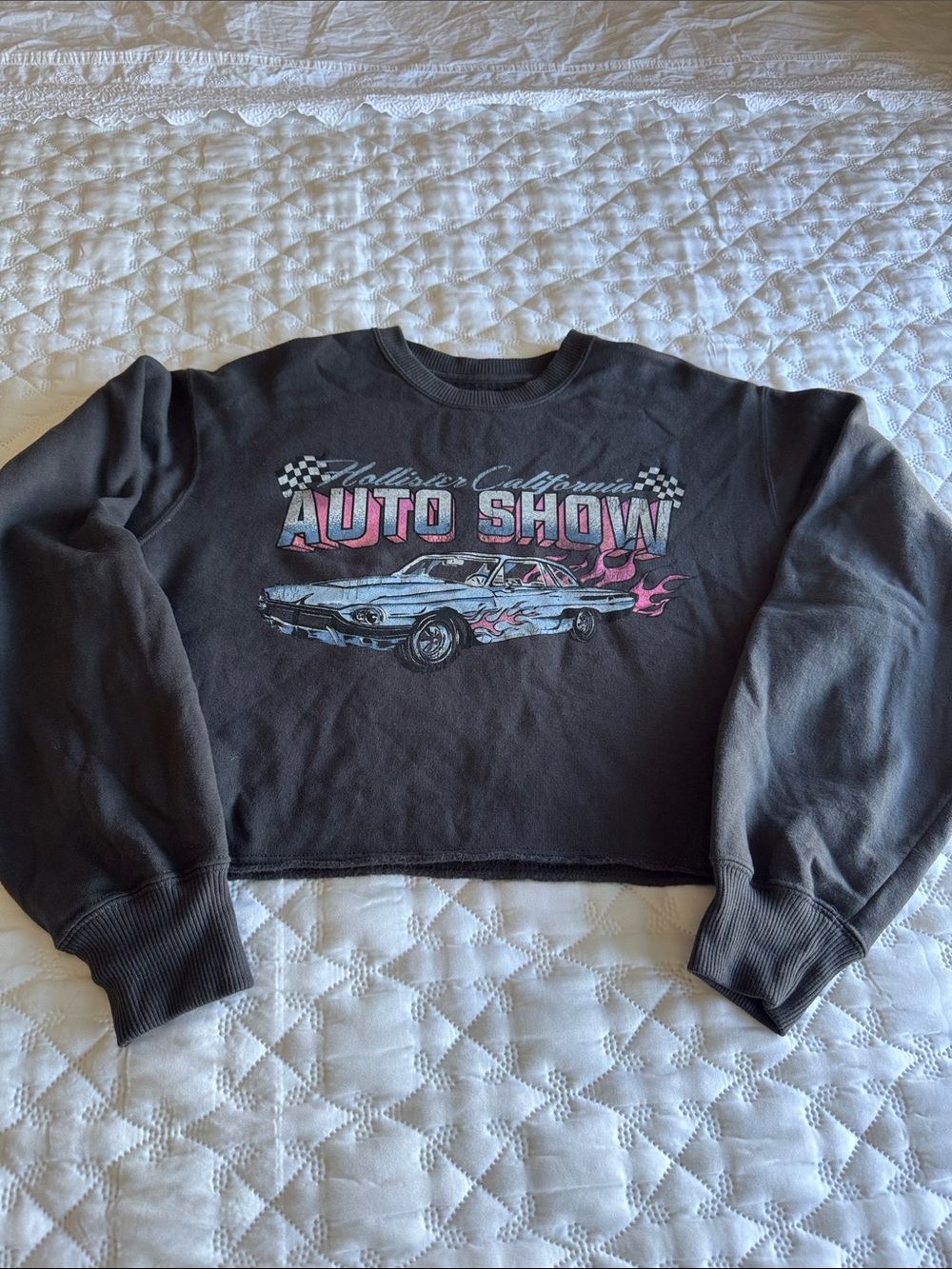 Hollister Charcoal Gray Cropped 'Auto Show' Graphic Sweatshirt with Pink Accents
